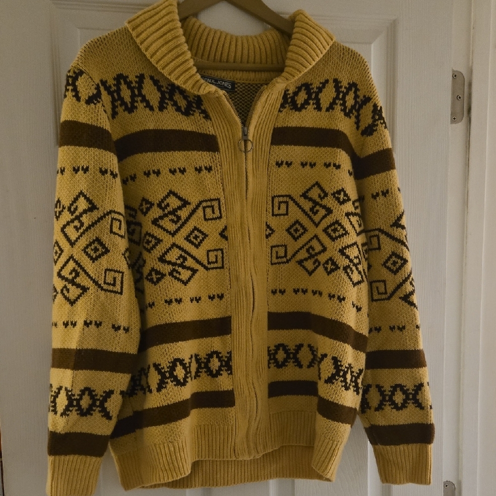PJ PAUL JONES Grandpacore Men's Zip Up Sweater in Tan and Brown sz Large